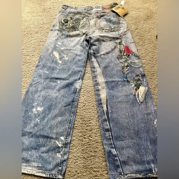 Streetwear Graphic Chain Print Wide Leg Jeans Men M 33 Boho Relaxed Denim NWT - Picture 9 of 13